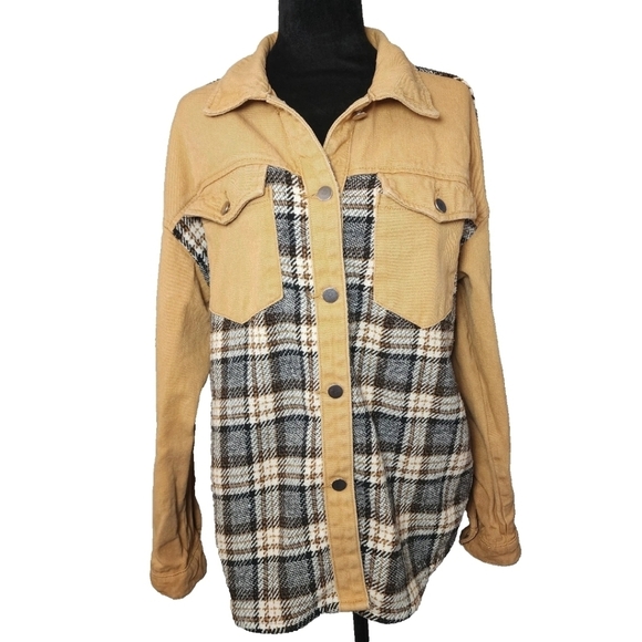 No Label Tops - Western Shacket Women's L Tan Button Down, 100% Cotton Tweed Plaid Cowgirl